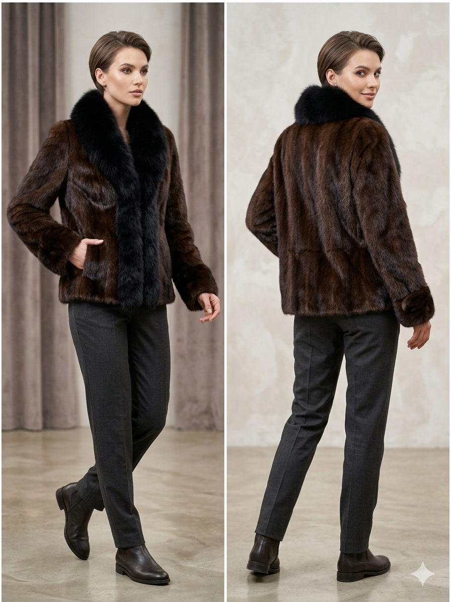 Mink Fur Jacket Dark Mahogany with Black Fox Fur Trim|Premium Short Women’s Fur Coat - Image 3
