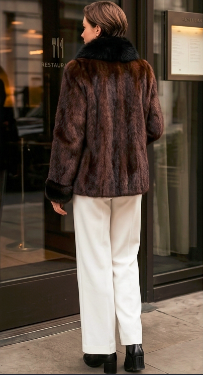 Mink Fur Jacket Dark Mahogany with Black Fox Fur Trim|Premium Short Women’s Fur Coat - Image 2