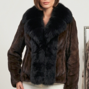 Mink Fur Jacket Dark Mahogany with Black Fox Fur Trim|Premium Short Women’s Fur Coat