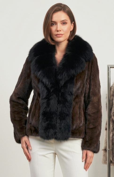 Mink Fur Jacket Dark Mahogany with Black Fox Fur Trim|Premium Short Women’s Fur Coat