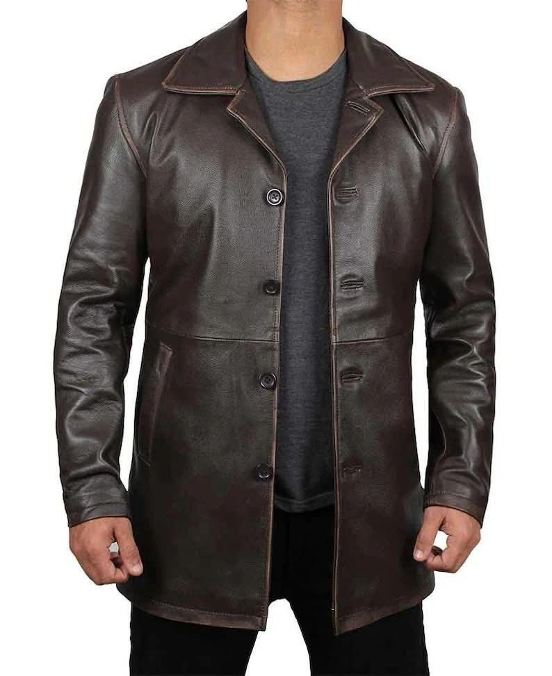 Men's Distressed vintage Leather Trench Coat | Custom Tailored Artisan Outerwear - Image 3