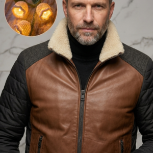 Men’s Hybrid Leather Puffer Jacket- Genuine Brown Leather Front with Shearling Collar - Winter Moto Luxury Coat