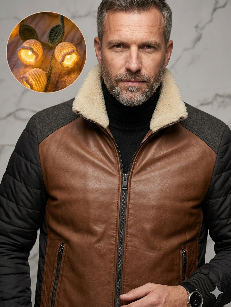 Men’s Hybrid Leather Puffer Jacket- Genuine Brown Leather Front with Shearling Collar - Winter Moto Luxury Coat