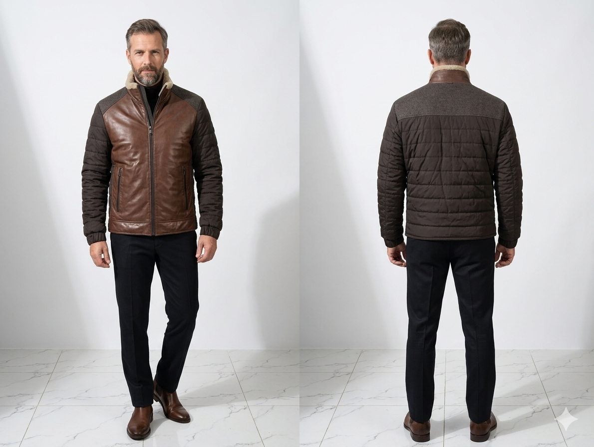 Men’s Hybrid Leather Puffer Jacket- Genuine Brown Leather Front with Shearling Collar - Winter Moto Luxury Coat - Image 2