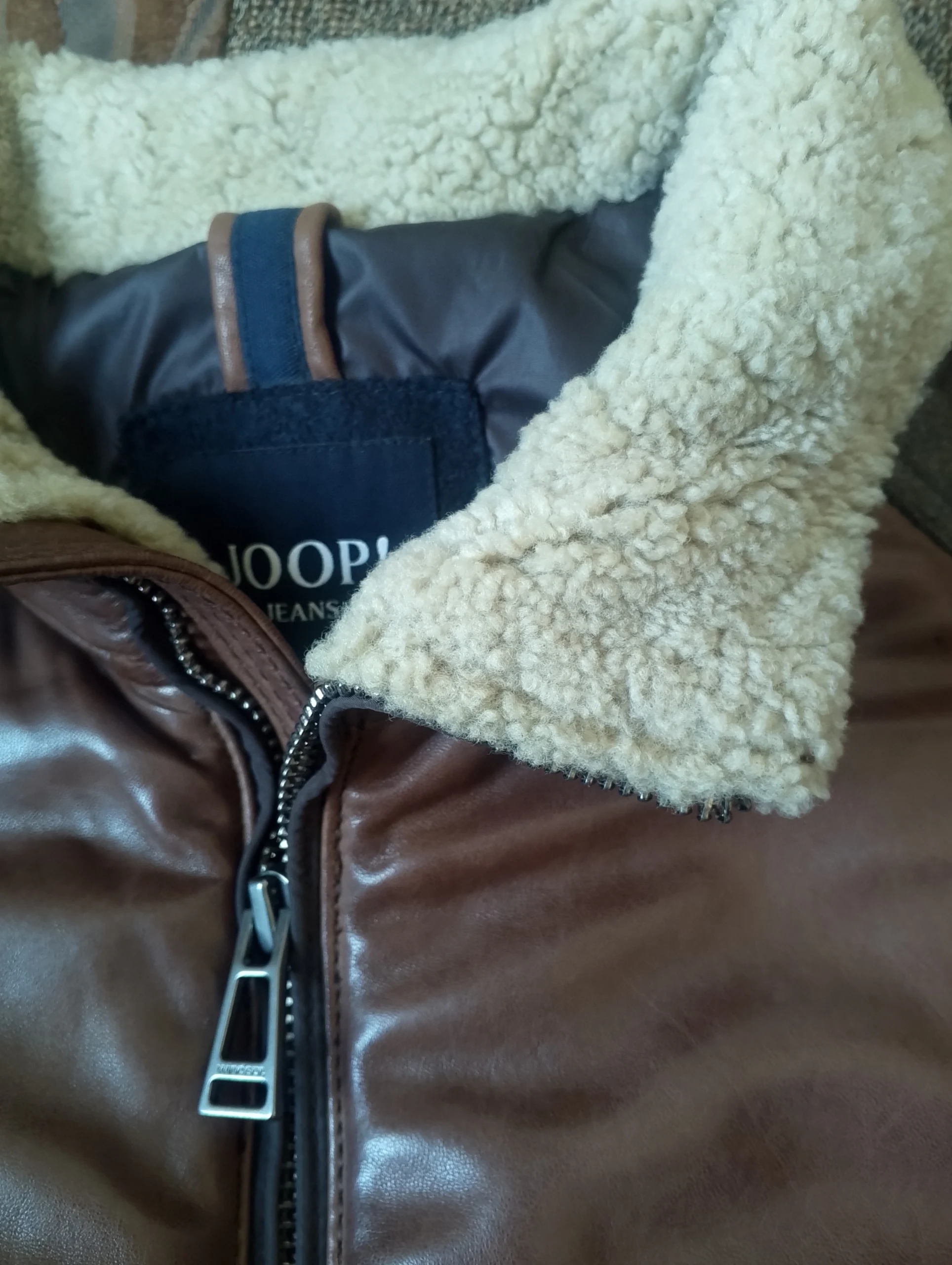 Men’s Hybrid Leather Puffer Jacket- Genuine Brown Leather Front with Shearling Collar - Winter Moto Luxury Coat - Image 6