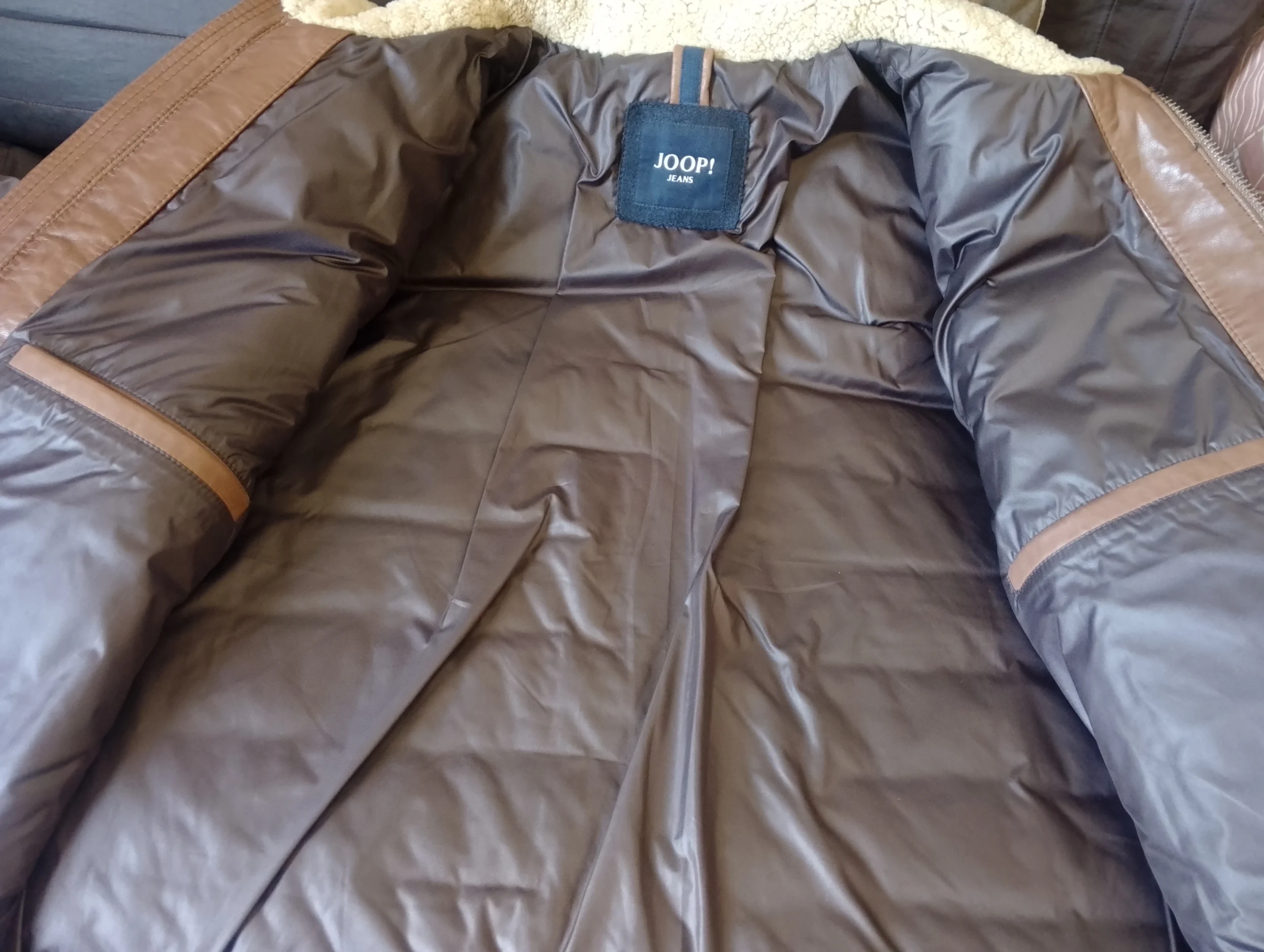 Men’s Hybrid Leather Puffer Jacket- Genuine Brown Leather Front with Shearling Collar - Winter Moto Luxury Coat - Image 7