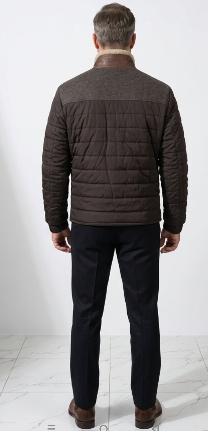Men’s Hybrid Leather Puffer Jacket- Genuine Brown Leather Front with Shearling Collar - Winter Moto Luxury Coat - Image 4