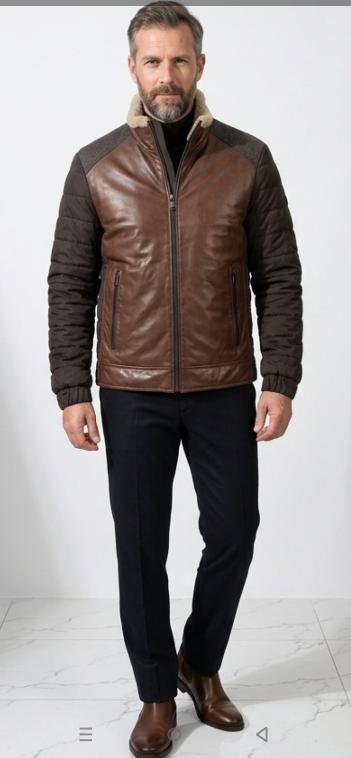 Men’s Hybrid Leather Puffer Jacket- Genuine Brown Leather Front with Shearling Collar - Winter Moto Luxury Coat - Image 3