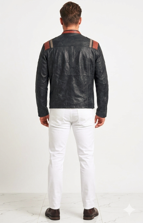 Men’s Grey Cafe Racer Leather Jacket - Image 4
