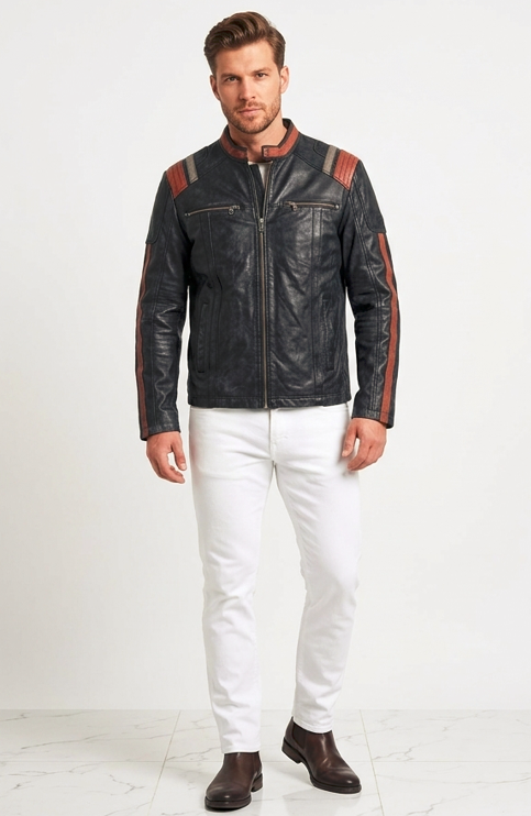 Men’s Grey Cafe Racer Leather Jacket - Image 5