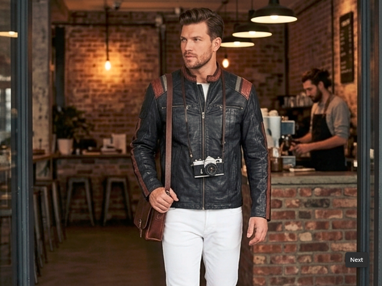 Men’s Grey Cafe Racer Leather Jacket - Image 7
